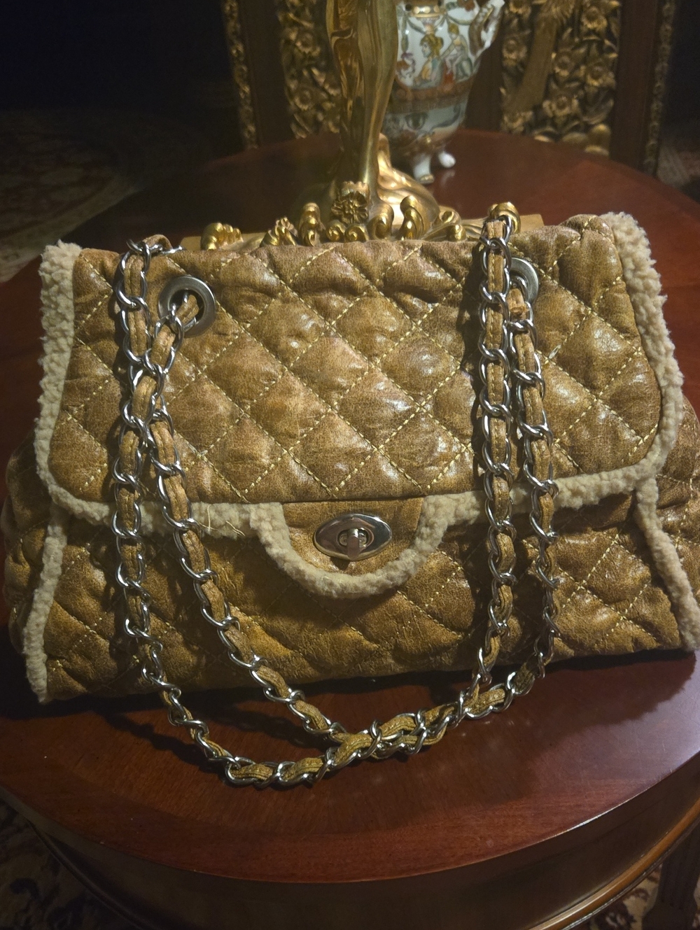 Quilted Shearling-Trim Teddy Shoulder Bag in Camel. Large Flap Bag.